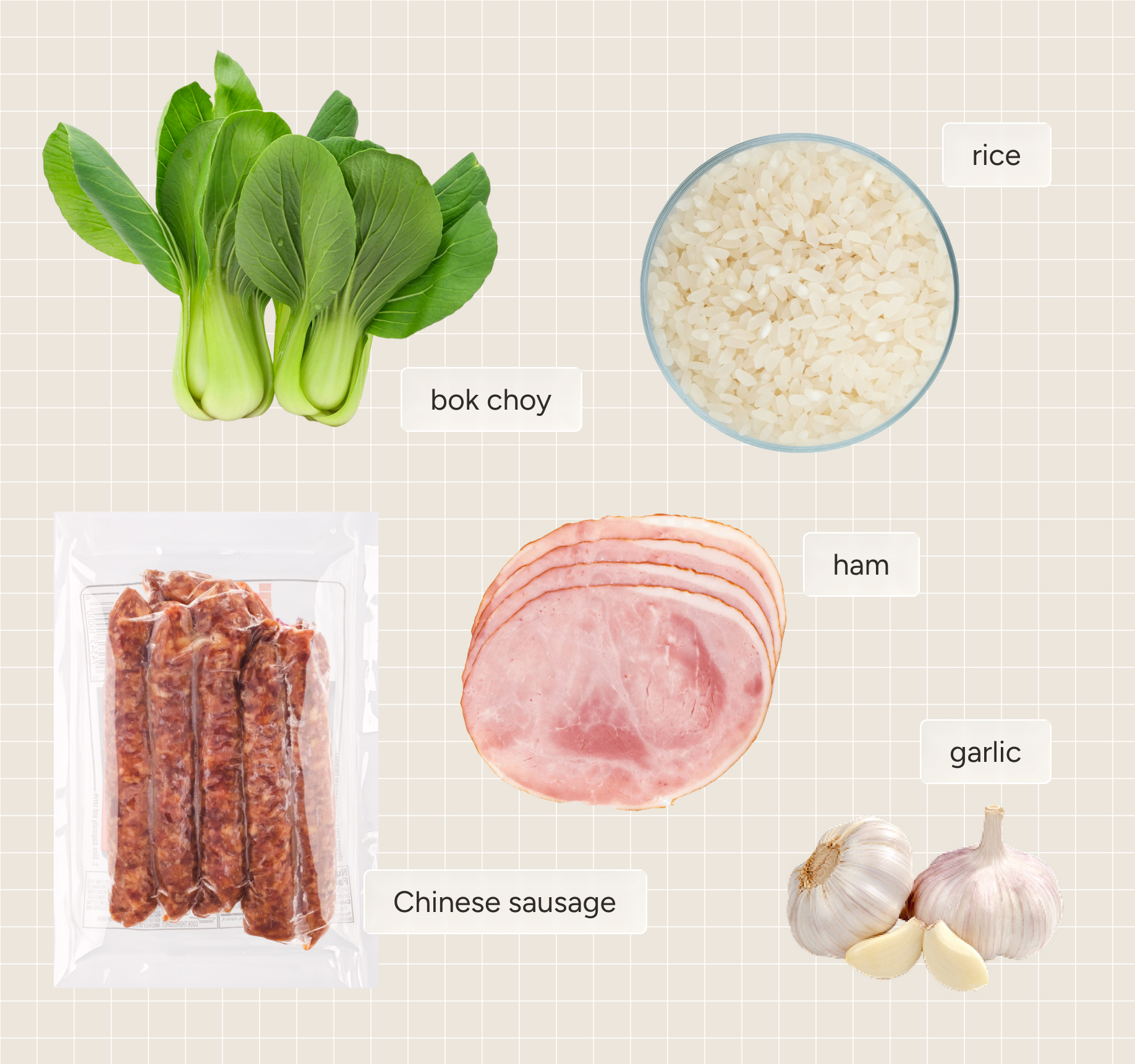 Layout of ingredients, from top-to-bottom and left-to-right: bok choy, uncooked rice, Chinese sausage, ham, garlic