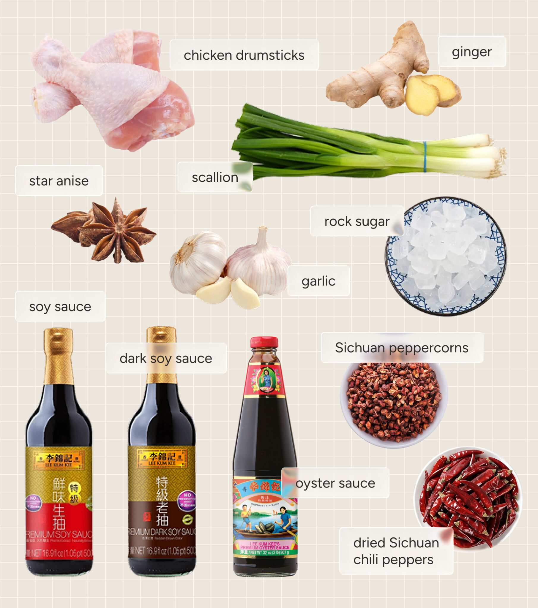 Layout of ingredients, from top-to-bottom and left-to-right: Chicken drumsticks, ginger, scallion (green onion), star anise, garlic, rock sugar, light soy sauce, dark soy sauce, oyster sauce, Sichuan peppercorns, dried Sichuan chili peppers