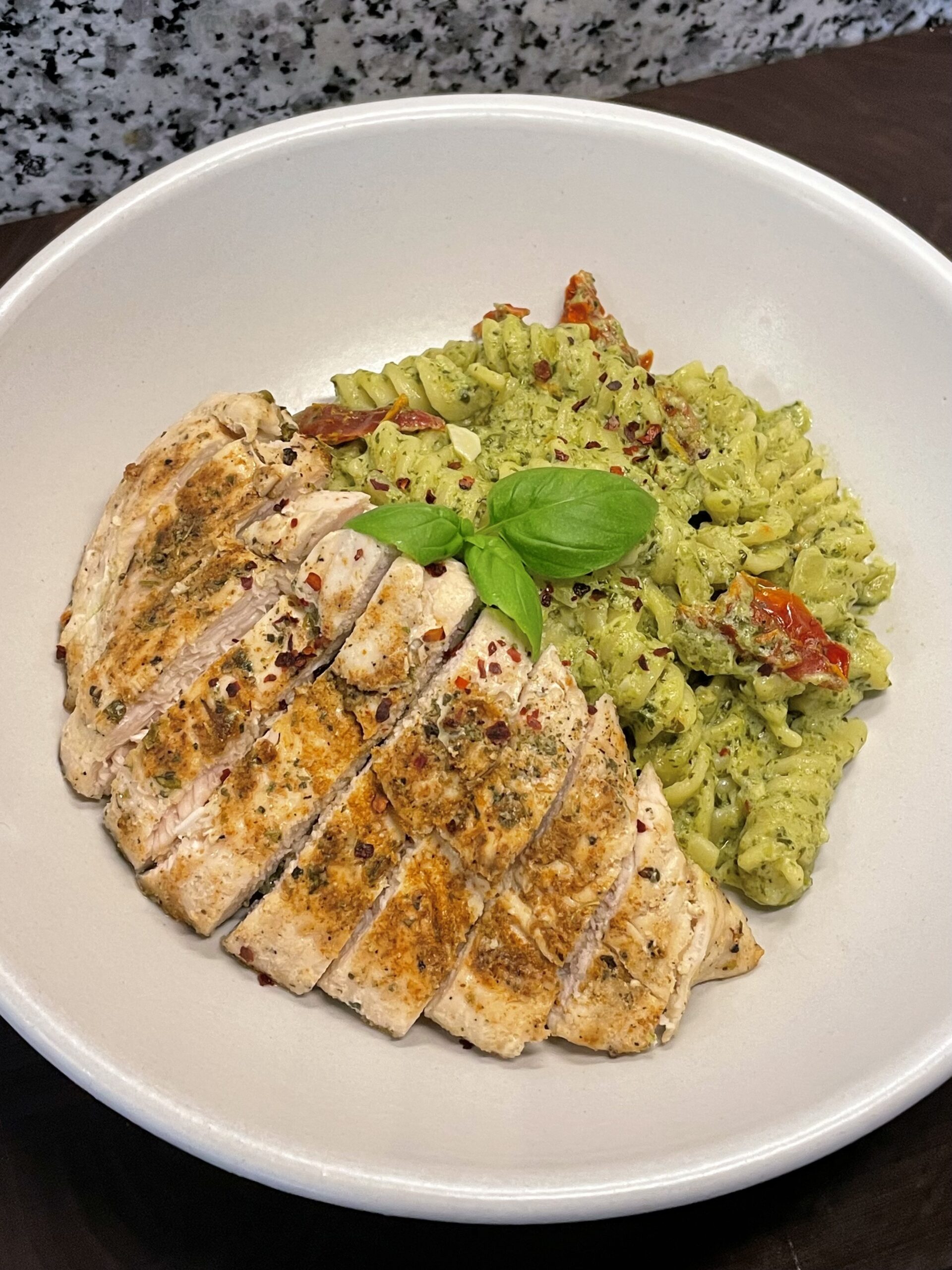 Dairy-Free Creamy Pesto Pasta w/ Chicken (High-Protein!)
