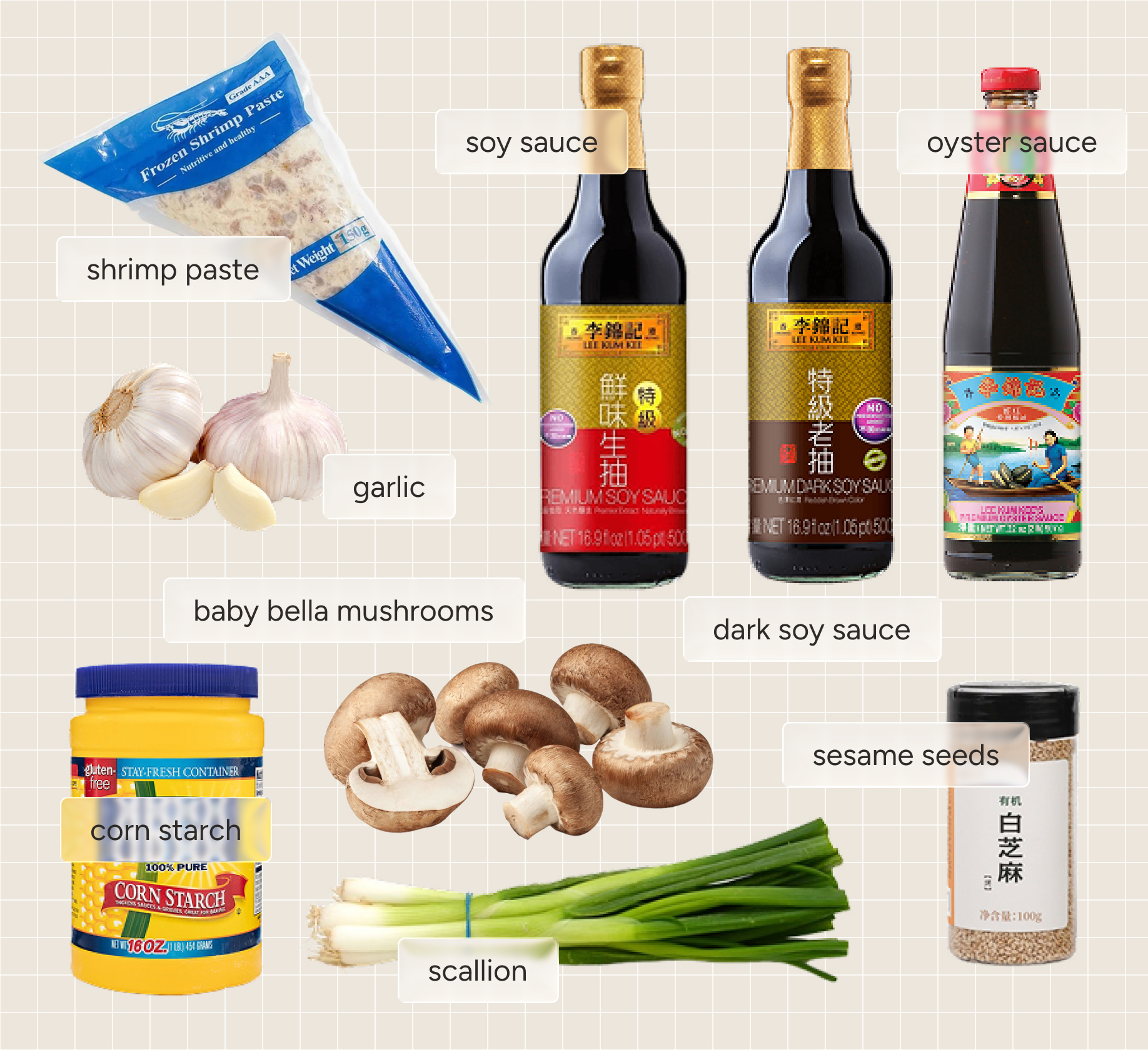 Layout of ingredients, from top-to-bottom and left-to-right: triangular bag of shrimp paste for hot pot, light soy sauce, dark soy sauce, oyster sauce, garlic, corn starch, baby bella mushrooms, scallion, sesame seeds